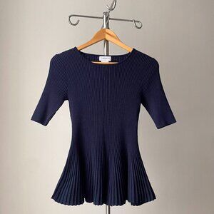❄️Navy Ribbed Flared A-Line Short Sleeves Open Knit Top Round Neckline by Carmen